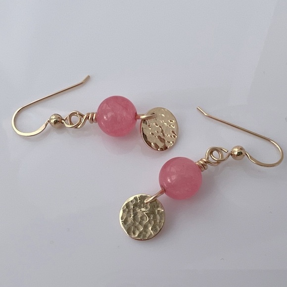 Artisan Gold Dangle Earrings with Pink Jade Beads - Picture 14 of 14